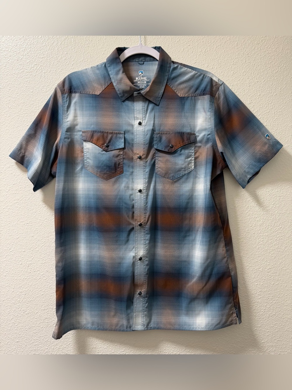 Kuhl Plaid Button Down Shirt Striped Short Sleeve Pockets Blue Men's Small